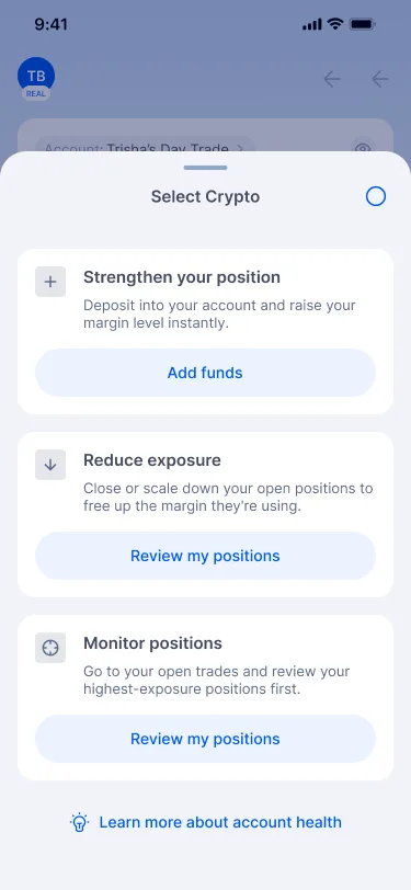 Attention recovery sheet with three options and a link to learn more about account health