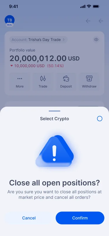 Confirmation: “Close all open positions? Are you sure you want to close all positions at market price and cancel all orders?”