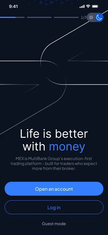 MEX onboarding in dark mode