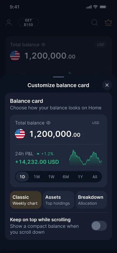 Customize balance card sheet with Classic, Assets and Breakdown options