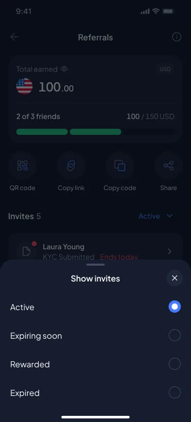 Show invites filter sheet: Active, Expiring soon, Rewarded, Expired