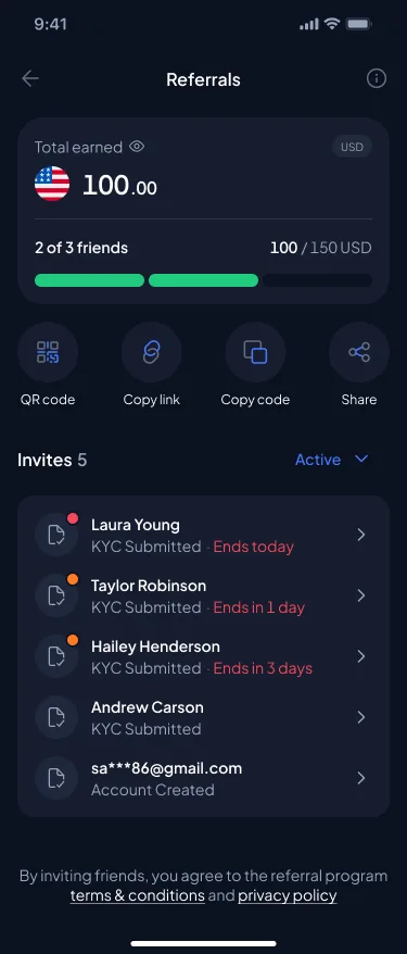 Referrals screen showing 100 USD earned, progress 2 of 3 friends and the invite list